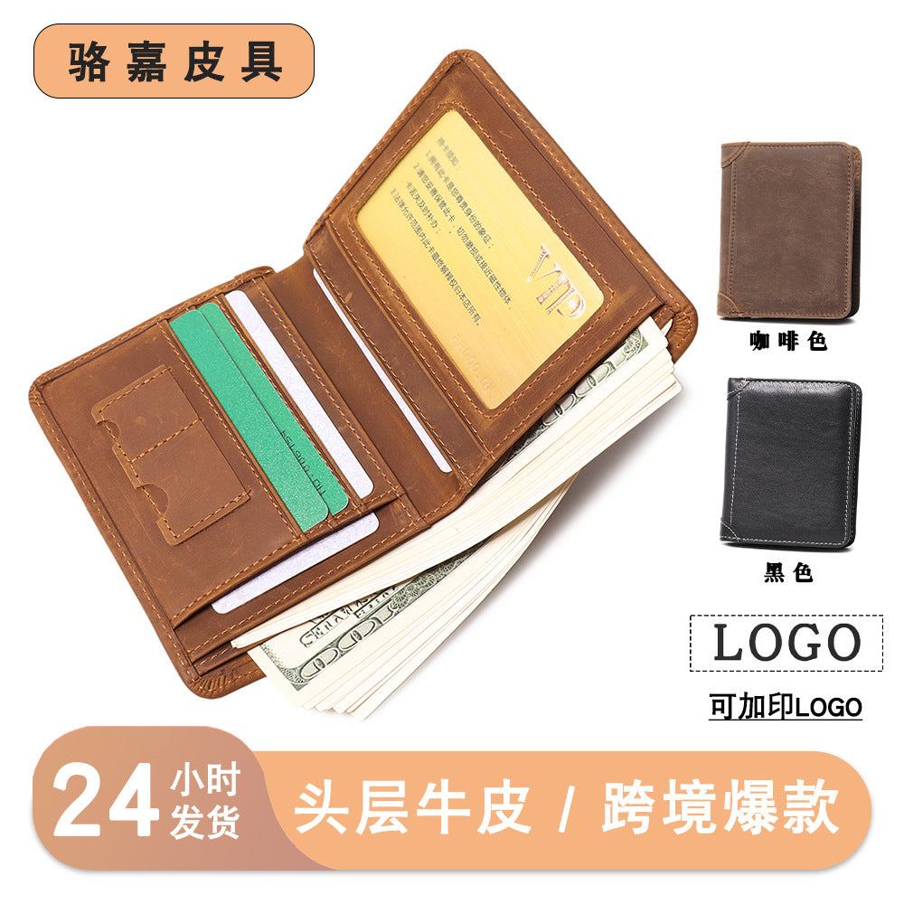 Retro Business Men's Multifunctional Short Genuine Leather Wallet Horizontal Style Driver's License