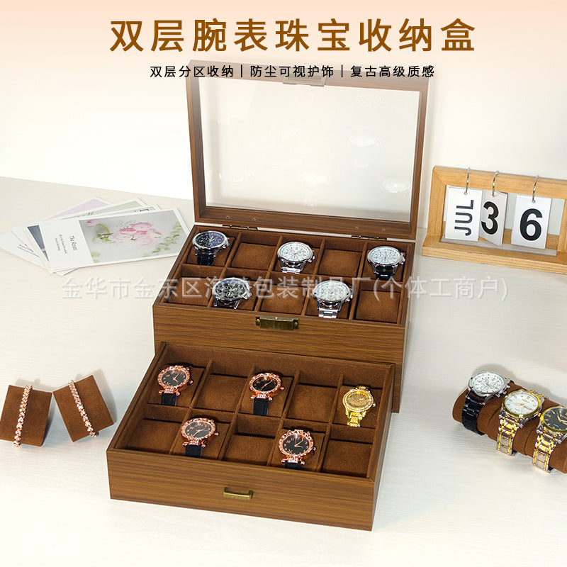 Double-layer 20-slot walnut wood grain watch box with lock and glass lid, watch and bracelet storage