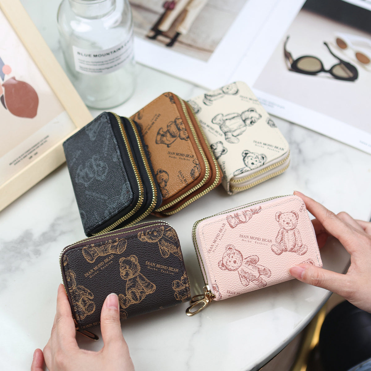 New Korean Style Bear Print Accordion Card Holder Double-Layer Zipper Multi-Functional Card Holder S