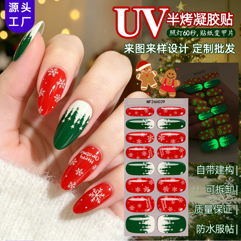 Zhengxiang Cross-Border Christmas Gel Nail Stickers French Christmas Snowflake Light-Cured Semi-Cure