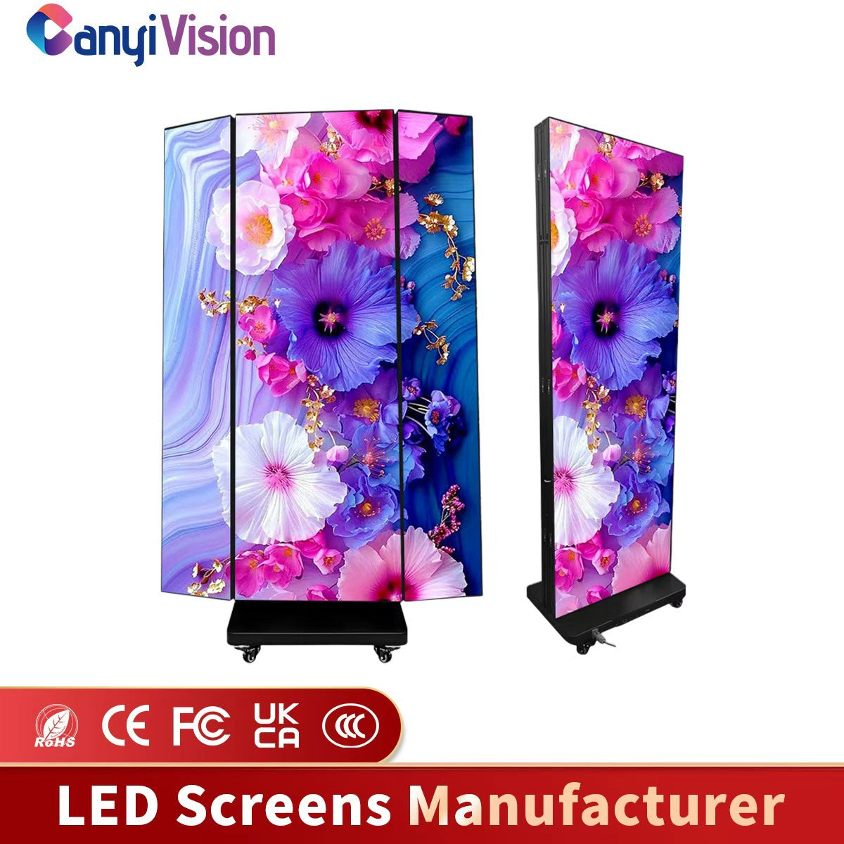 Three folding led poster screen floor-standing double-sided movable display P2.5 indoor vertical exh