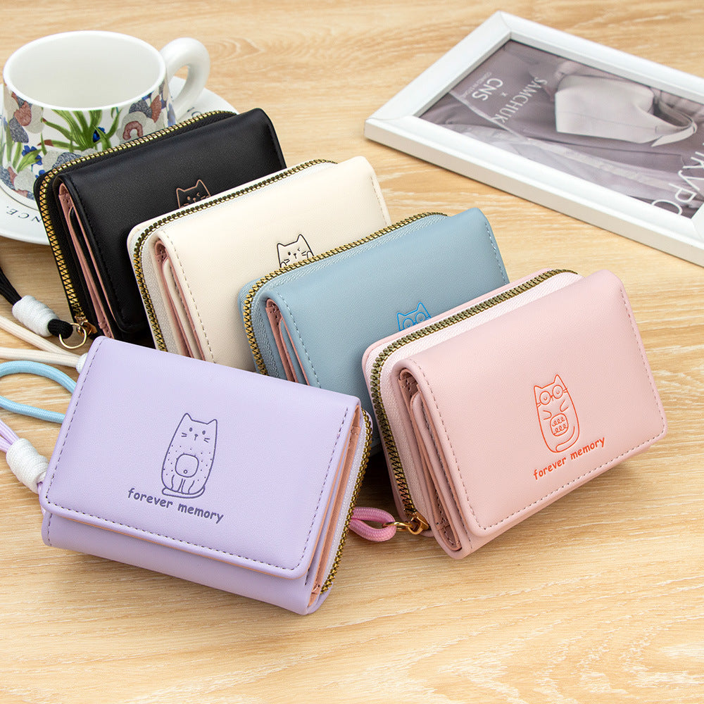 Brand Japanese cute short wallet, capacious card holder with zipper, strap, small clutch bag