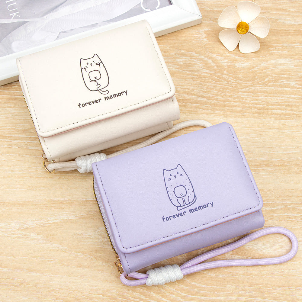 Brand Japanese cute short wallet, capacious card holder with zipper, strap, small clutch bag