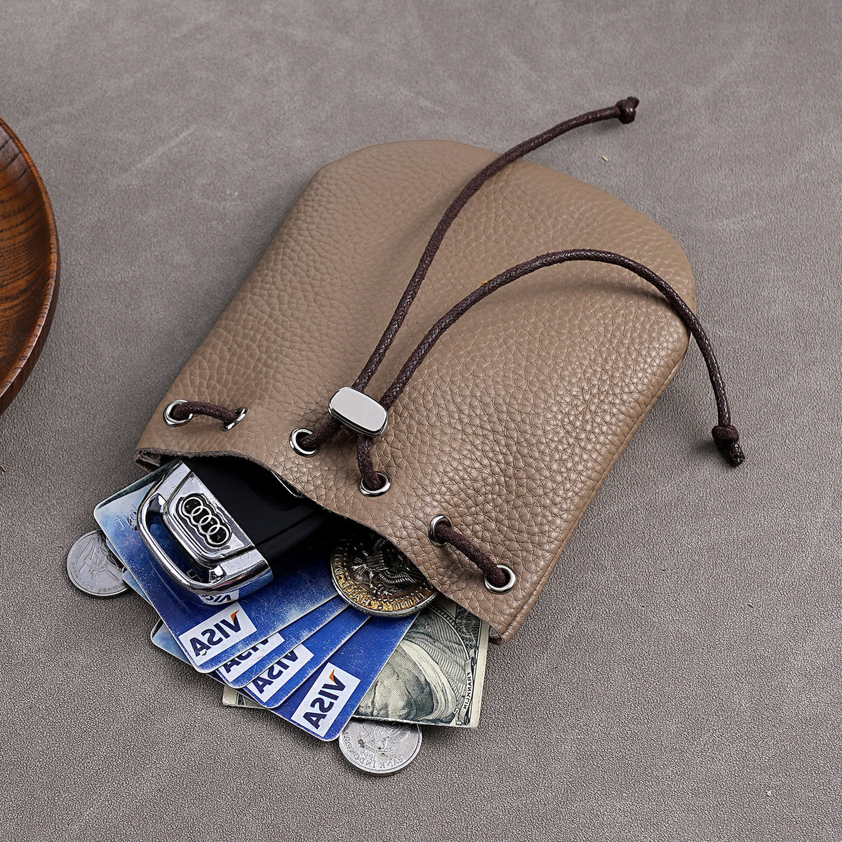 Leather wallet, organizer bag, card holder, cards, storage system, drawstring, genuine leather