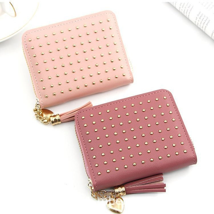 Small fashionable universal short wallet with tassels, chain with zipper, card holder, Korean style