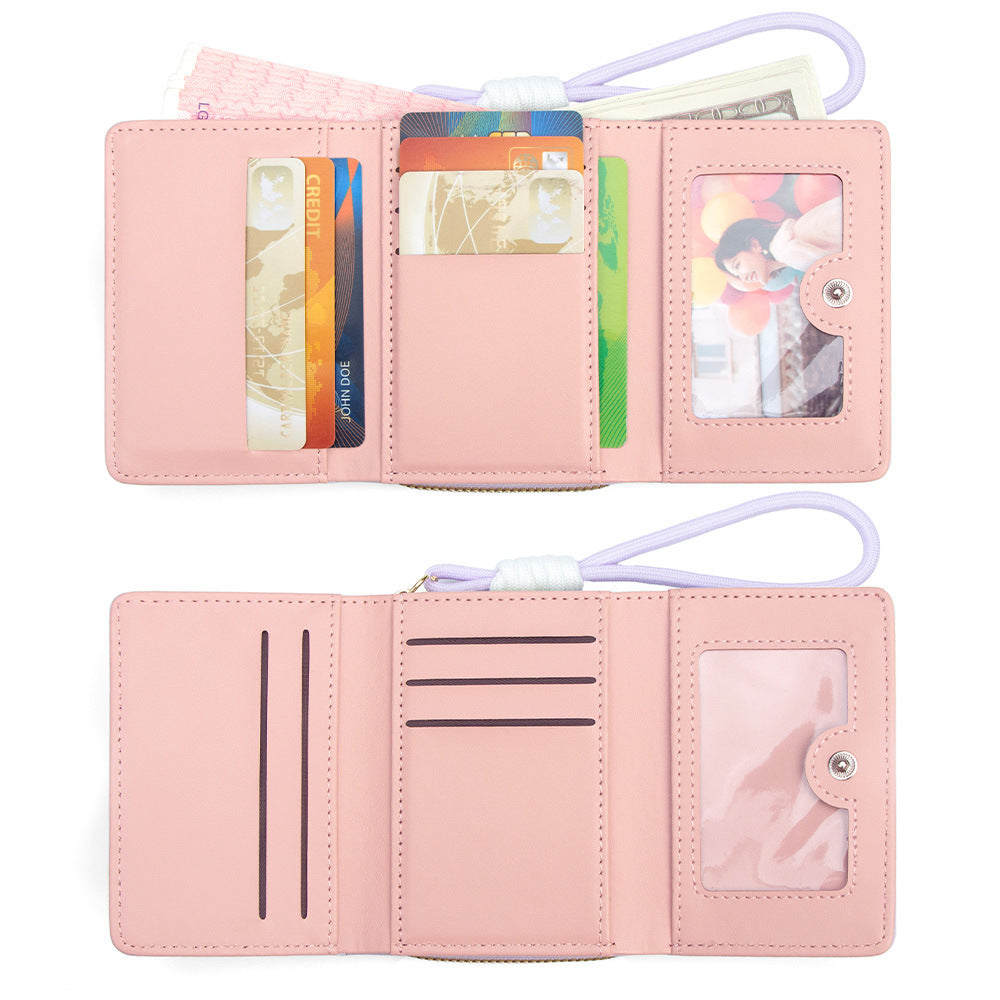 Brand Japanese cute short wallet, capacious card holder with zipper, strap, small clutch bag