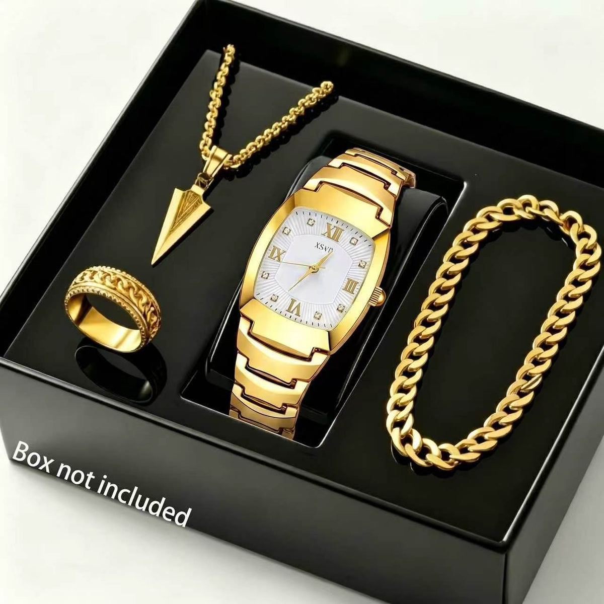 Gold and white steel belt set (black leather box)