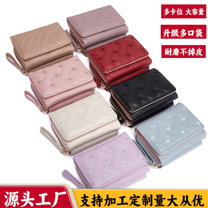 Factory New Women's Short Wallet Simple Embroidered Heart Pu 80% off Card Holder Multi-Card Slot Wal