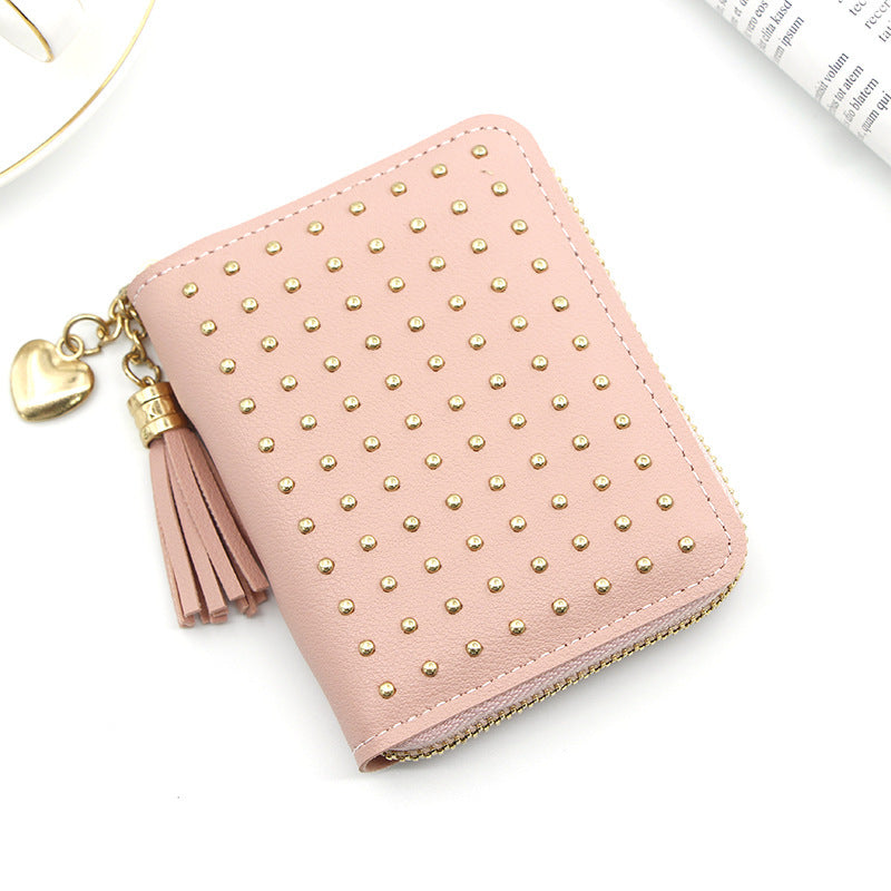 Small fashionable universal short wallet with tassels, chain with zipper, card holder, Korean style