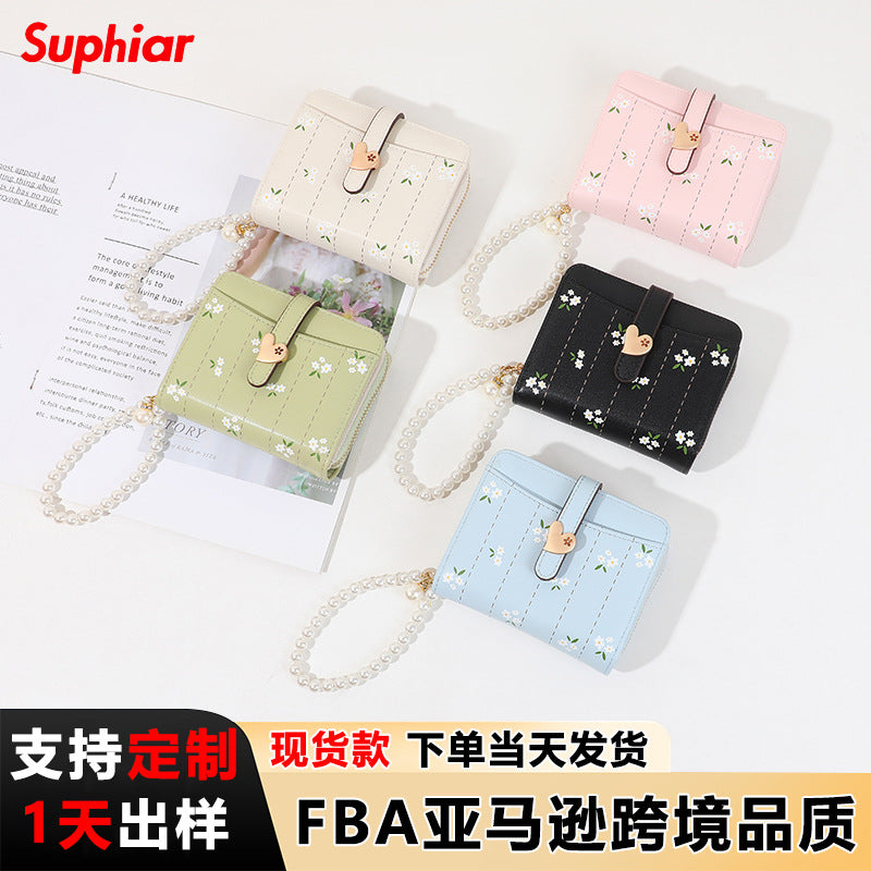 Women's short PU wallet with a fresh floral design, card holder with pearl chain, multifunctional co
