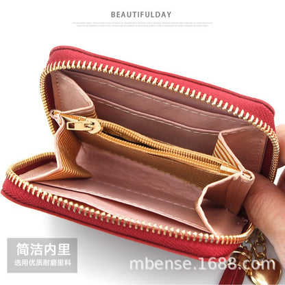 Small fashionable universal short wallet with tassels, chain with zipper, card holder, Korean style