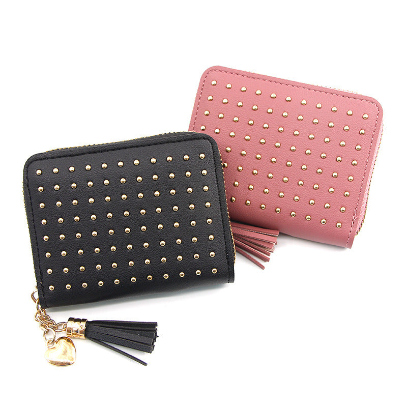 Small fashionable universal short wallet with tassels, chain with zipper, card holder, Korean style