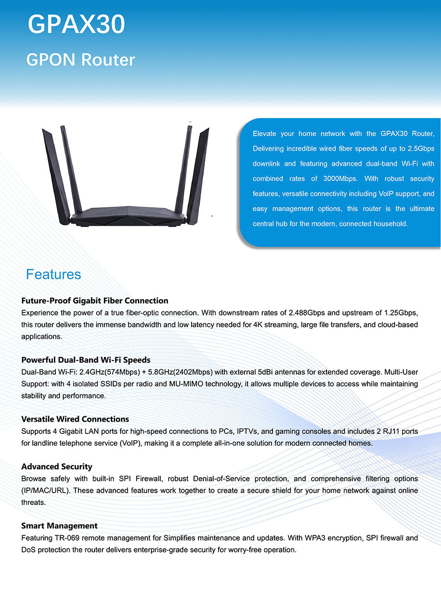Wireless optical cat fiber GPON home office dual-band WIFI broadband 3000M router Voip Internet phon