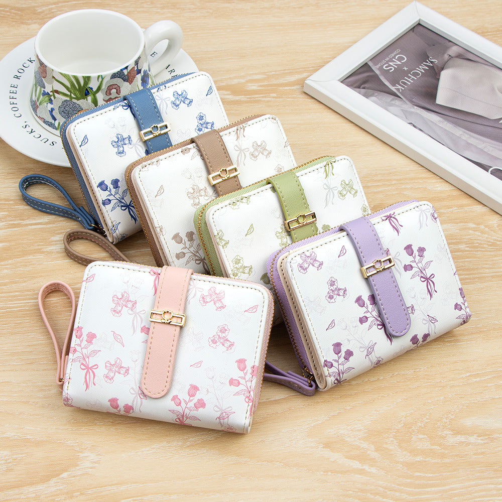 (), short brand fresh cute wallet with zipper, Korean style, flowered, high-quality style