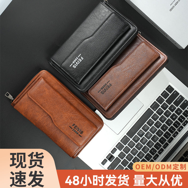 Cross-Border Multifunctional Men's Wallet, Double-Layer Large-Capacity Clutch Bag, Pu Leather Solid 