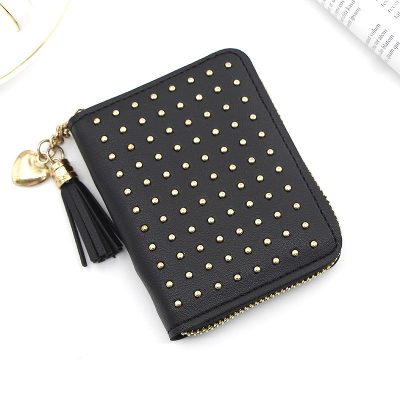 Small fashionable universal short wallet with tassels, chain with zipper, card holder, Korean style