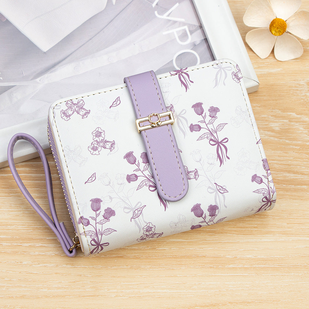(), short brand fresh cute wallet with zipper, Korean style, flowered, high-quality style