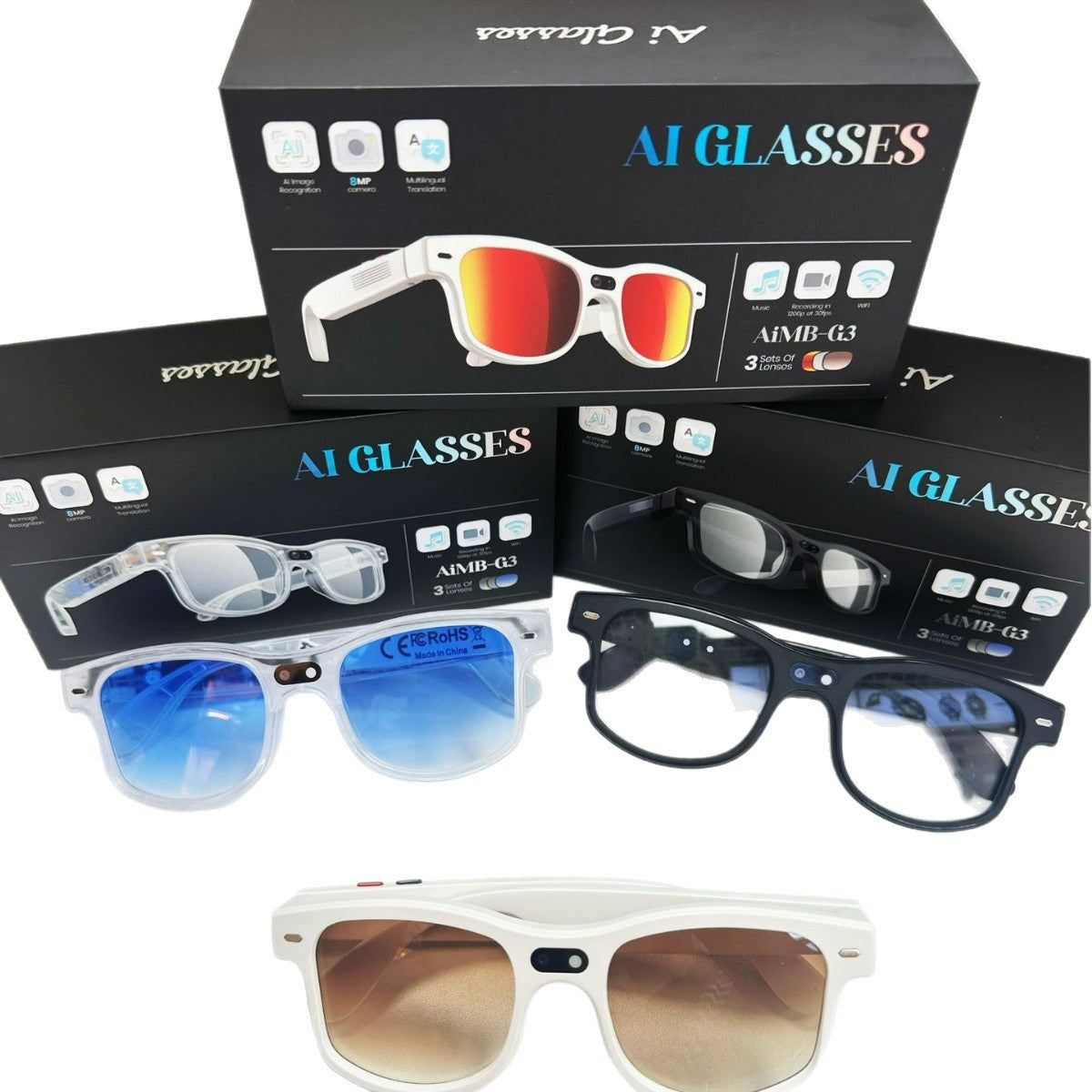 Overseas hot model AIMB-G3 AI glasses 800W pixel multi-lens remote control photo taking Bluetooth ca