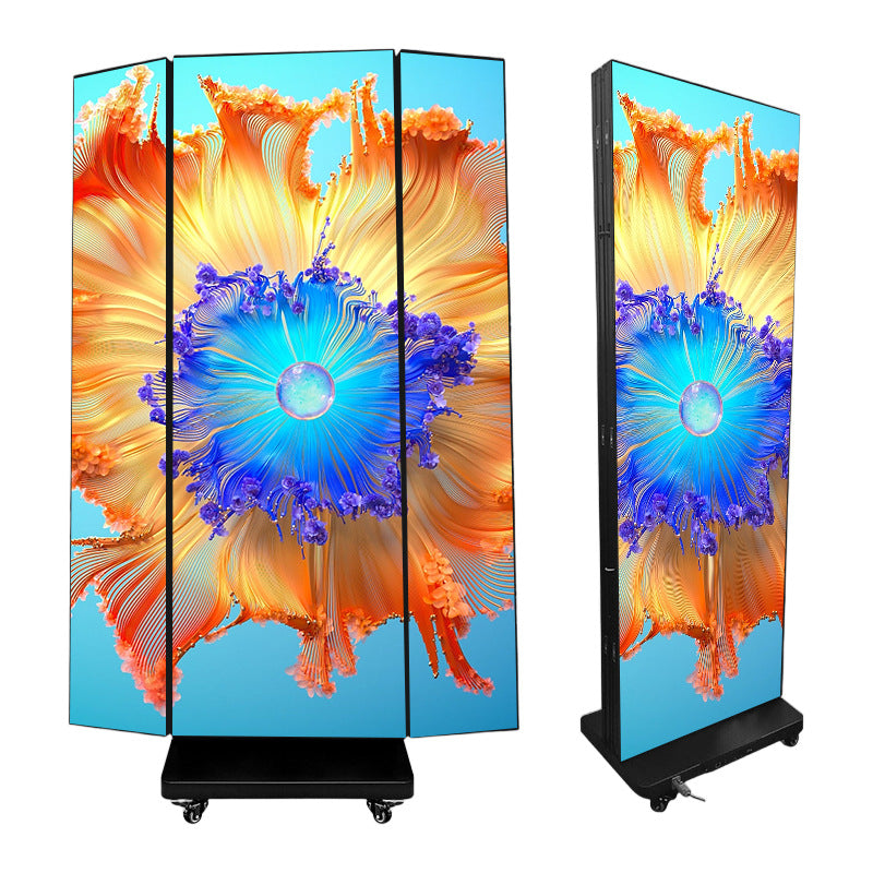 Three folding led poster screen floor-standing double-sided movable display P2.5 indoor vertical exh