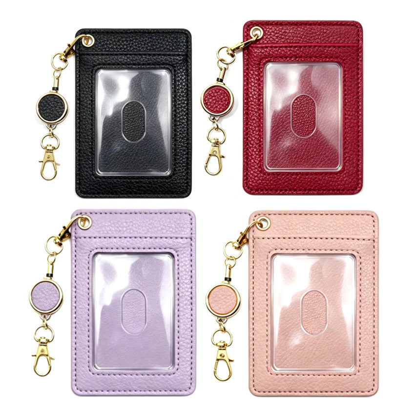 Retractable ID card holder with easy-pull buckle and lanyard, Japanese-style PU fashion leather case
