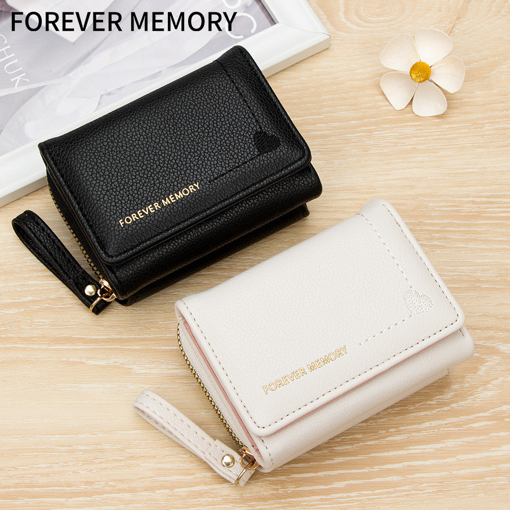 Embroidered Heart Macaron Color Women's Wallet Short Style Large Capacity Card Holder Zipper Coin Pu