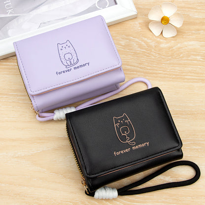 Brand Japanese cute short wallet, capacious card holder with zipper, strap, small clutch bag